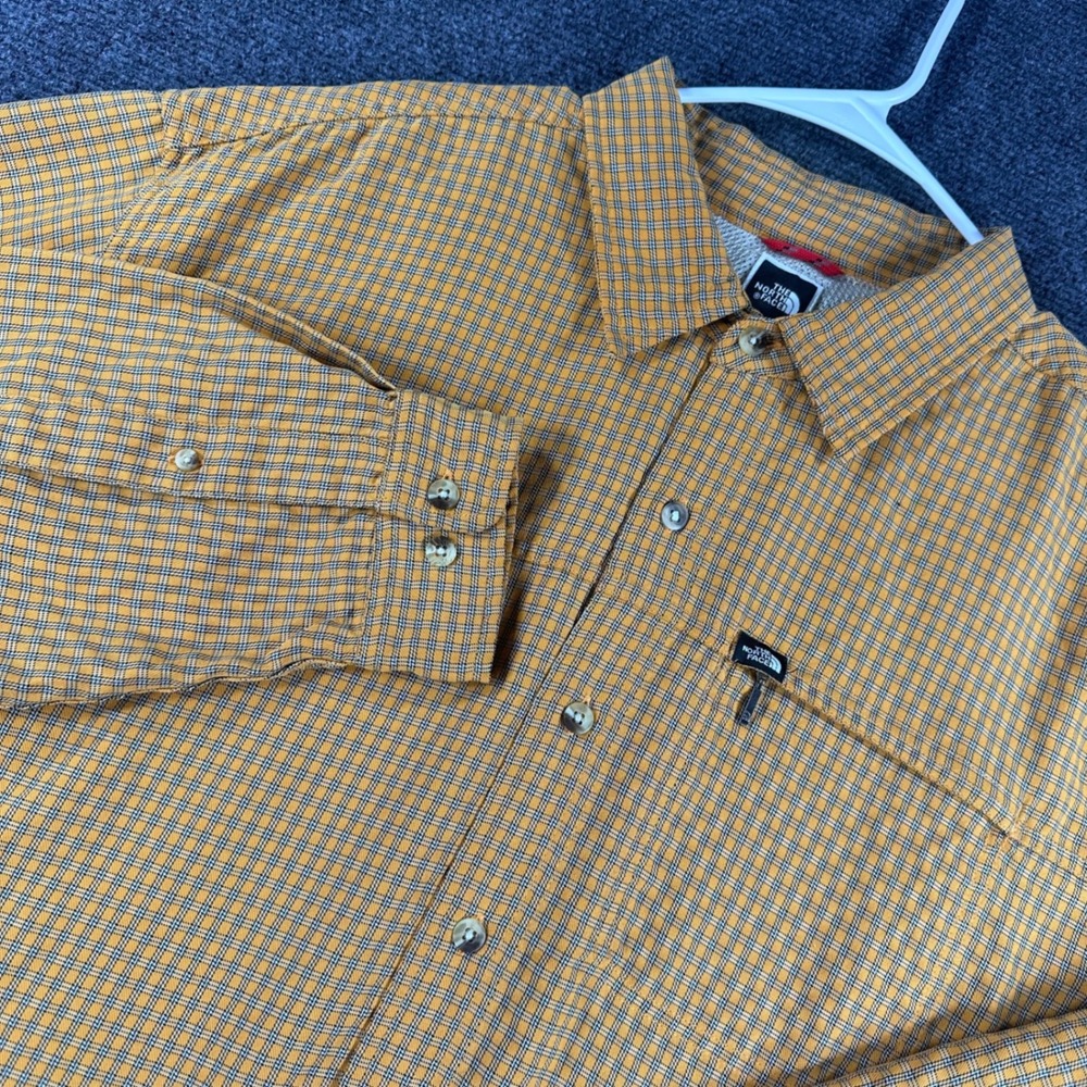 The North Face Button Down Mens L Large Yellow Plaid Hiking Long Sleeve Shirt‎